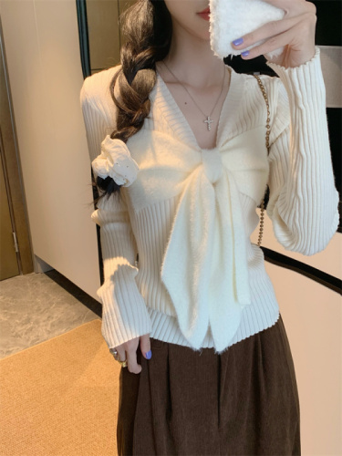 Long-sleeved soft glutinous sweater for women with bows and slim fit thick sweater base shirt top
