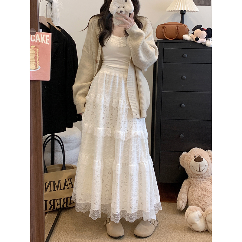 Large size women's ballet style skirt autumn and winter cake skirt fairy skirt lace skirt a line long skirt