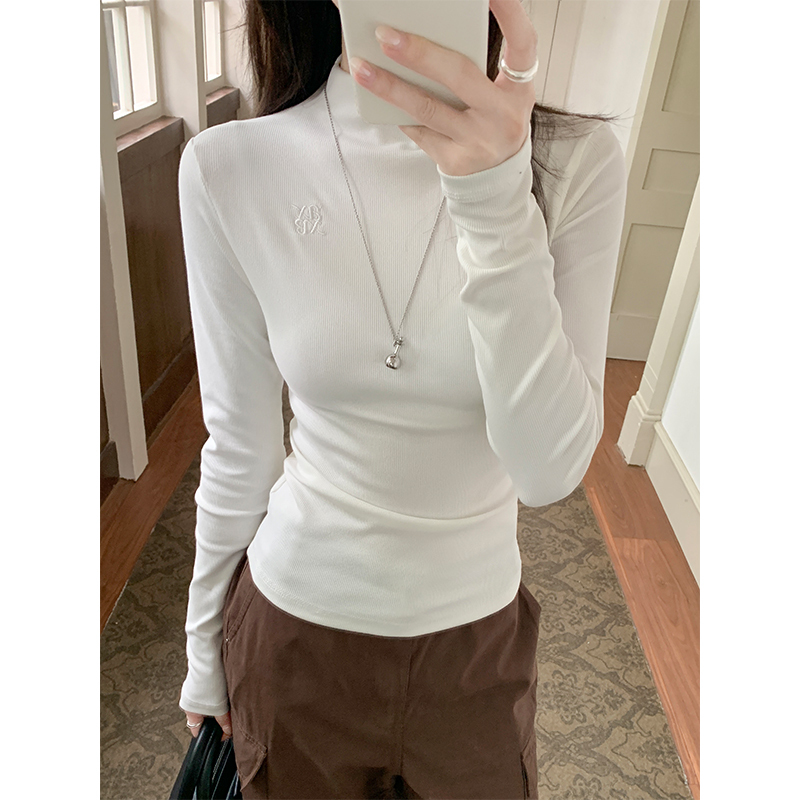 Niche versatile floral half-high neck long-sleeved T-shirt autumn and winter slim embroidered inner bottom shirt pullover top