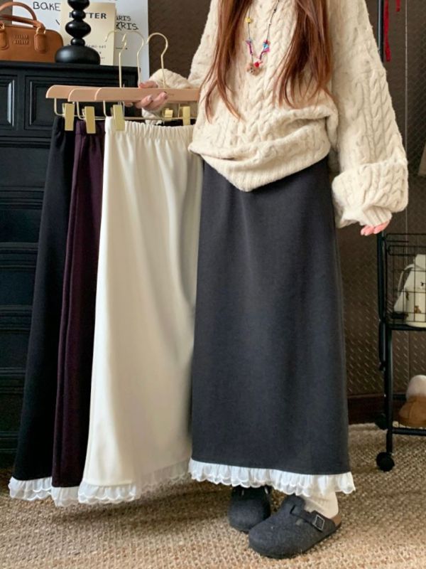 New Korean style thickened tweed temperament high waist slim pleated lace A-line half-body slit long skirt