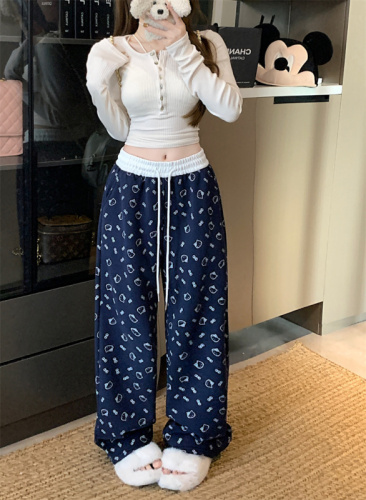 Lazy style sweet and spicy cat printed wide-leg pants for women's elastic waist contrast color plus velvet thick floor pants