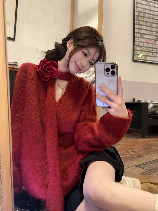 Autumn and winter New Year red Christmas sweater flowers decoration loose lazy top for women