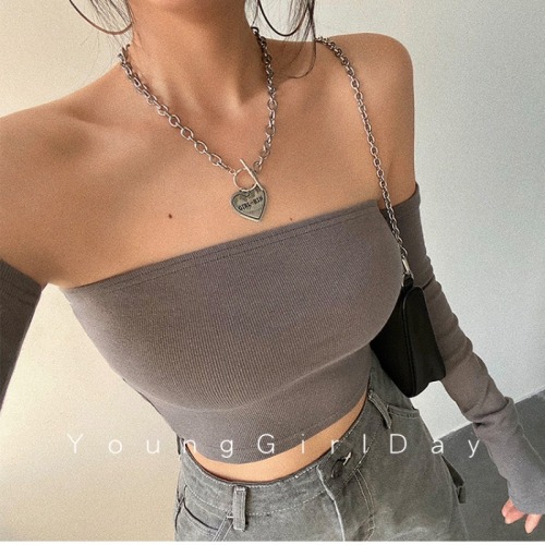 One-shoulder tube top sexy European and American hot girls T-shirt women's short off-shoulder tight fitted inner long-sleeved top