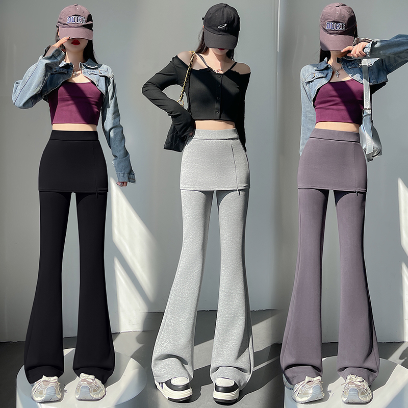 Spliced ​​fake two-piece high-waist casual pants for women's new slim and slightly bell-bottom pants solid color straight-leg pants