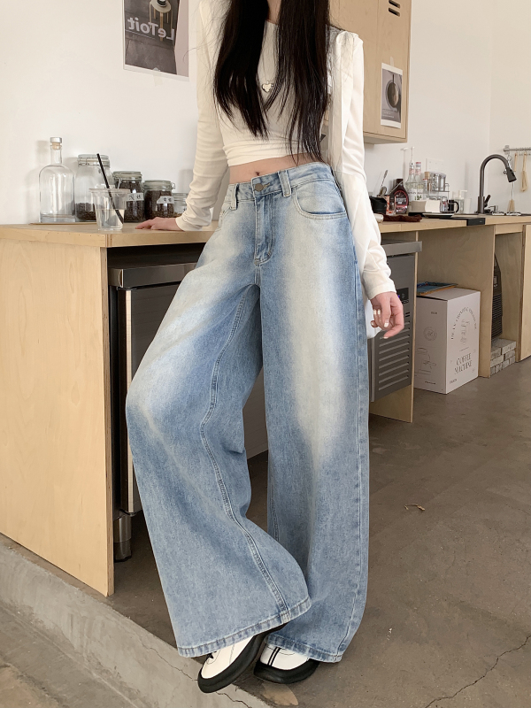 Light blue monkey design sense wide-leg floor jeans for women