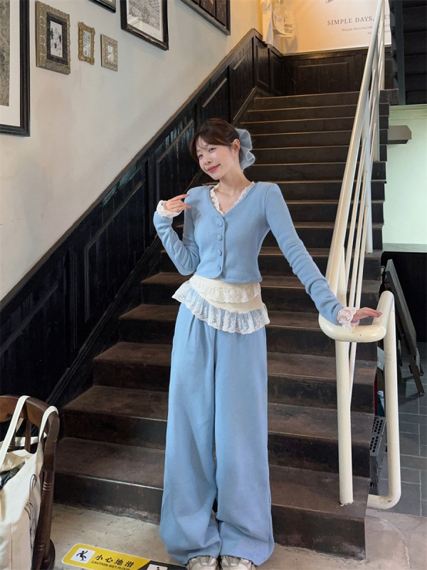 New fashionable V-neck breasted top high waist droop knitted wide-leg pants suit for women