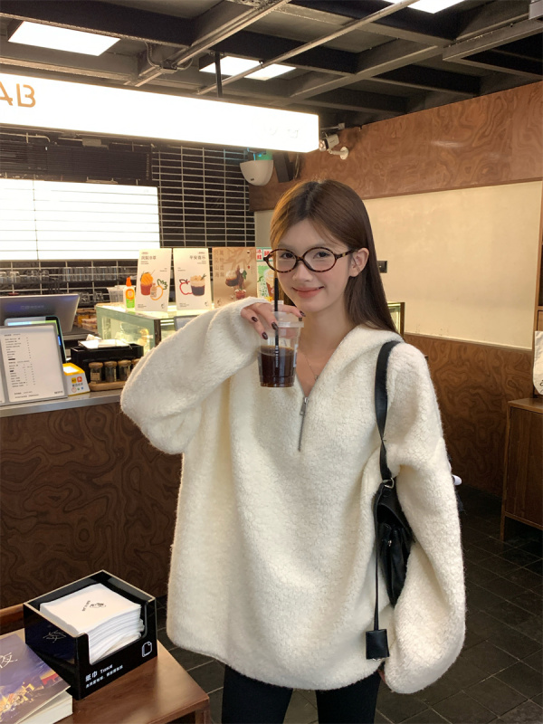 Lazy casual clothes loose hooded versatile lamb wool sweatshirt age-reducing solid color top for women