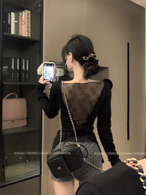 Black base shirt for women new lace T-shirt with hot girl design long-sleeved top
