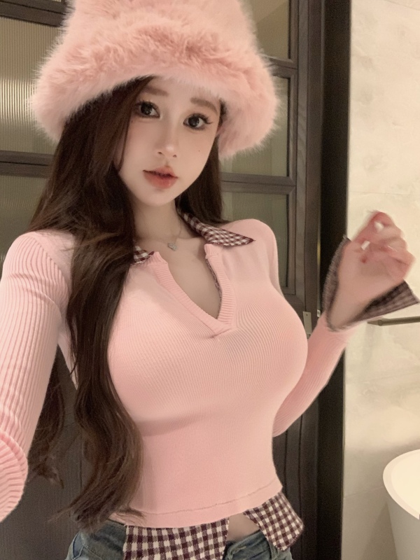 Korean fake two-piece plaid V-neck knitted base shirt autumn and winter sweater with short sweet girl top