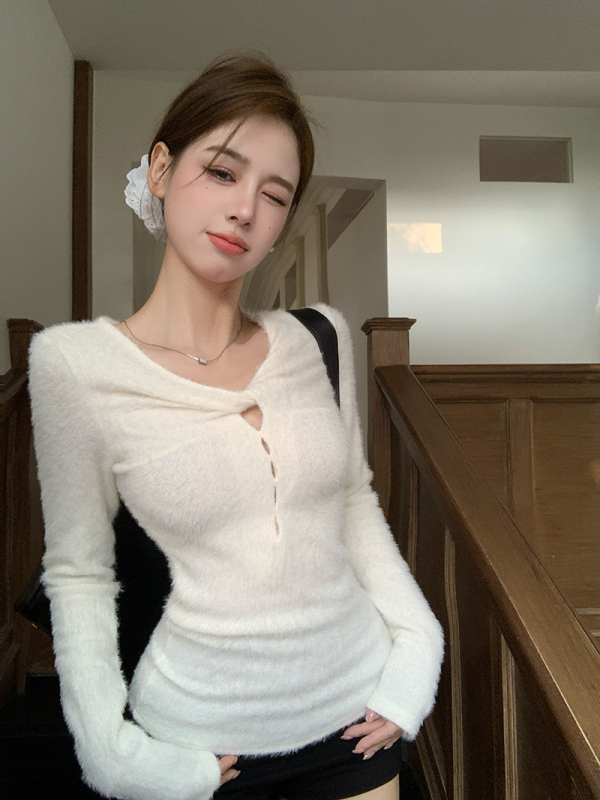 Plush waffle V-neck knit hollow stretch slim fit knit long-sleeved T-shirt