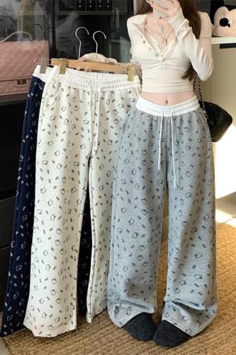 Lazy style sweet and spicy cat printed wide-leg pants for women's elastic waist contrast color plus velvet thick floor pants