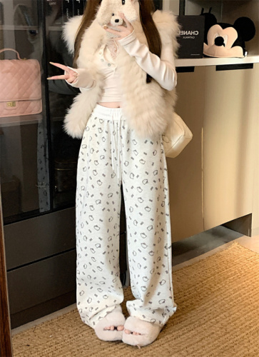 Lazy style sweet and spicy cat printed wide-leg pants for women's elastic waist contrast color plus velvet thick floor pants