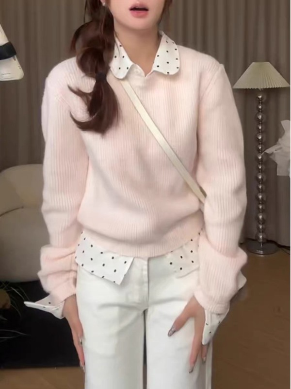 Fake two-piece shirt splicing sweater for women new autumn sweater fashionable age-reducing long-sleeved top