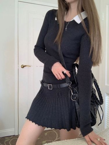 Design-sensual fake two-piece shirt collar slim long-sleeved knitted dress with belt