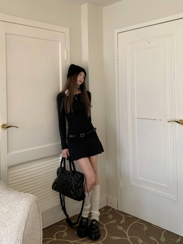Design-sensual fake two-piece shirt collar slim long-sleeved knitted dress with belt