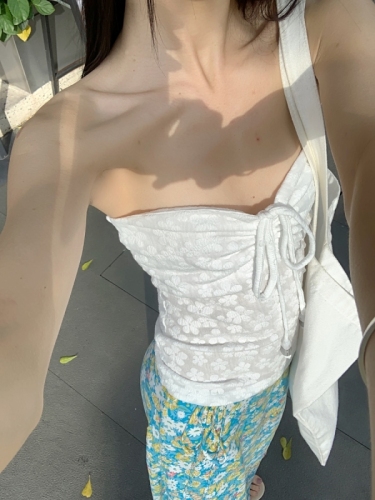 Design-sensory halter neck drawstring top long strap floral skirt two-piece set