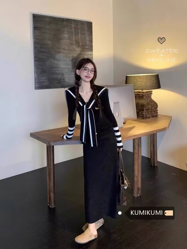 Korean college style suit women's temperament striped navy collar knitted sweater top early spring high waist skirt two-piece set