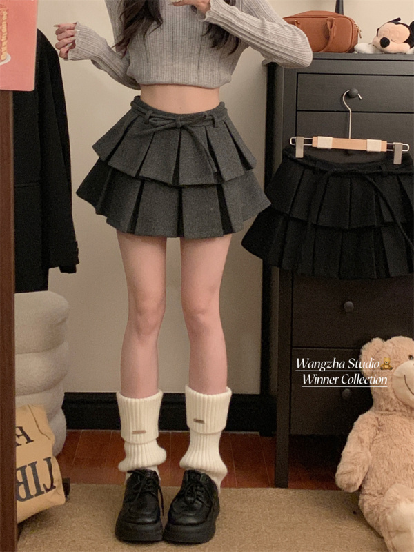 New autumn and winter design double-layer pleated woolen short skirt sweet lace-up bow skirt