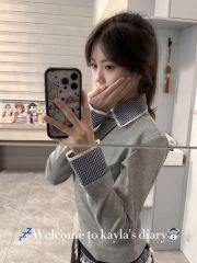 Gray blue plaid splicing fake two-piece polo collar shirt top