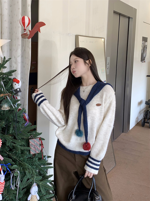Christmas shawl pullover knitted sweater set for girls' college style sweet girl Korean loose sweater