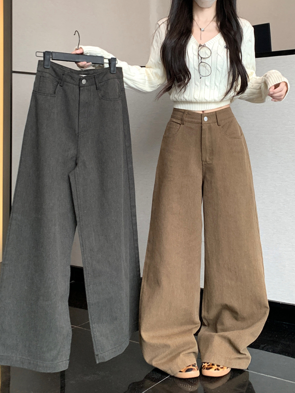 American straight-leg casual pants for women in autumn high waist retro solid color loose wide-leg pants drape floor trousers long trousers