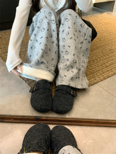 Lazy style sweet and spicy cat printed wide-leg pants for women's elastic waist contrast color plus velvet thick floor pants