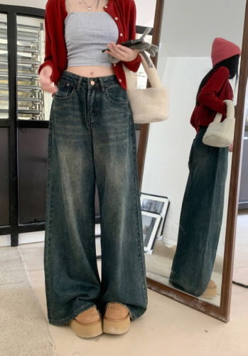 Autumn straight wide-leg floor-slide pocket jeans