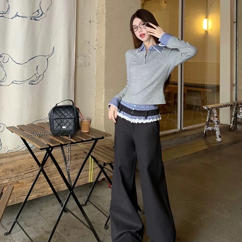 Miu series gray fake two-piece plaid splicing long-sleeved T-shirt for women in autumn and winter design bottoming shirt with short top