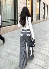 Lace pull-out casual trousers with black ears to make you look slim straight trousers floor-moving trousers