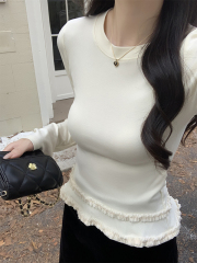 Korean pure desire splicing long-sleeved T-shirt for women with small slim base shirt short top