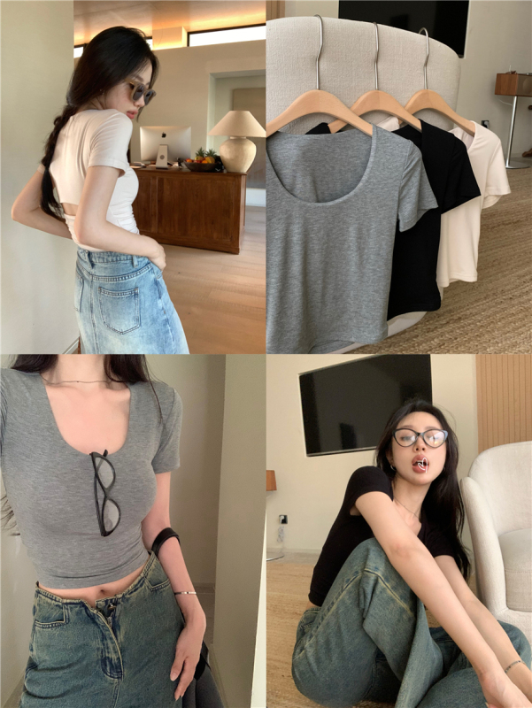 Design-sensing hollow backless short-sleeved T-shirt slim waist-length straight shoulder T-shirt chic hot girl short top