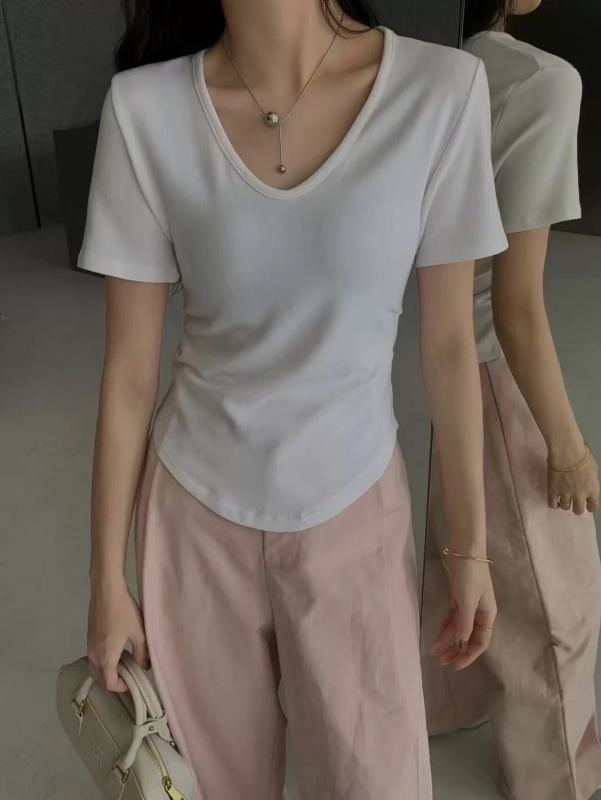 Spring and summer Korean style V-neck candy color pleated design versatile short-sleeved T-shirt top