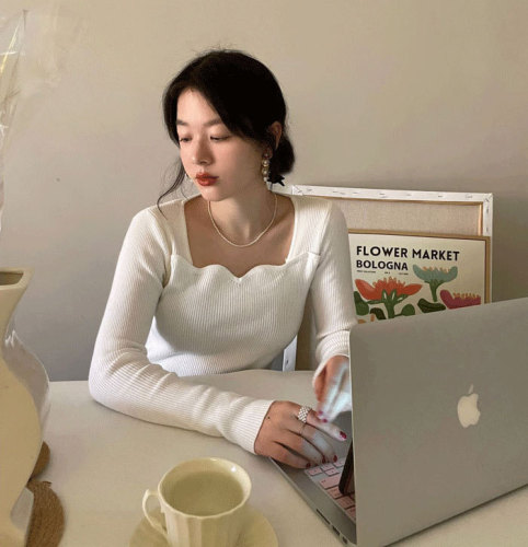 Korean chic spring green basic style wavy square collar exposing collarbone pit strip waist-hugging knitted base shirt for women