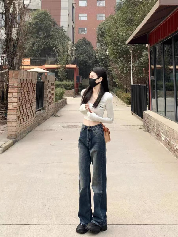 High waist slim drooping jeans for women new hot girl sweet and cool style old American retro floor-slim wide-leg pants