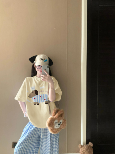 High-quality pure cotton 200g combed tight 100% cotton live broadcast same product front printed loose short-sleeved T-shirt for women