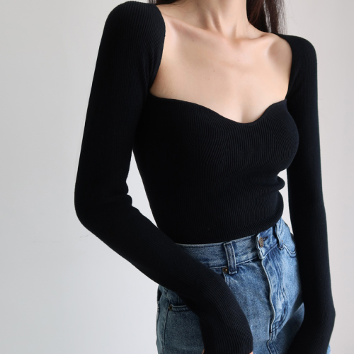 French retro clavicle exposed square collarbone neck slim long sleeve pullover knit sweater autumn and winter sexy base sweater for women