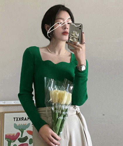 Korean chic spring green basic style wavy square collar exposing collarbone pit strip waist-hugging knitted base shirt for women