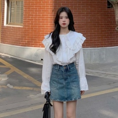 Lace lace doll collar white shirt spring and autumn new design niche shirt lazy style top