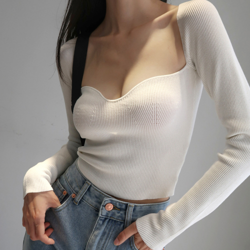 French retro clavicle exposed square collarbone neck slim long sleeve pullover knit sweater autumn and winter sexy base sweater for women