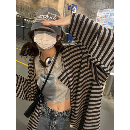 Thin cardigan sweater for women Korean style loose oversize lazy style long-sleeved striped jacket