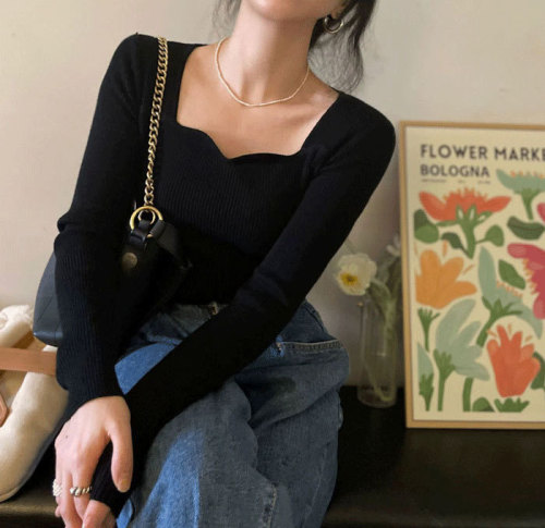 Korean chic spring green basic style wavy square collar exposing collarbone pit strip waist-hugging knitted base shirt for women