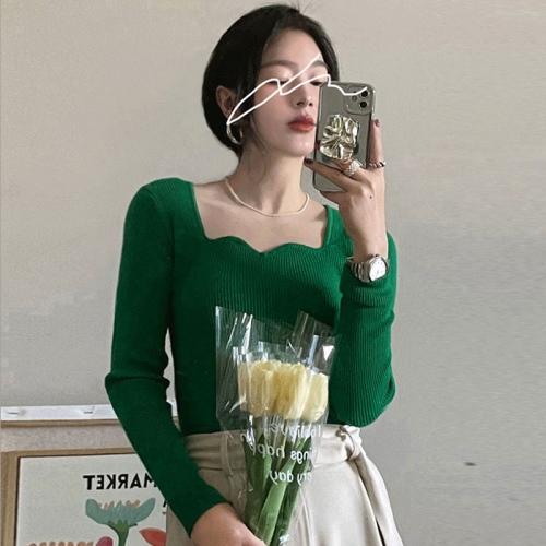 Korean chic spring green basic style wavy square collar exposing collarbone pit strip waist-hugging knitted base shirt for women