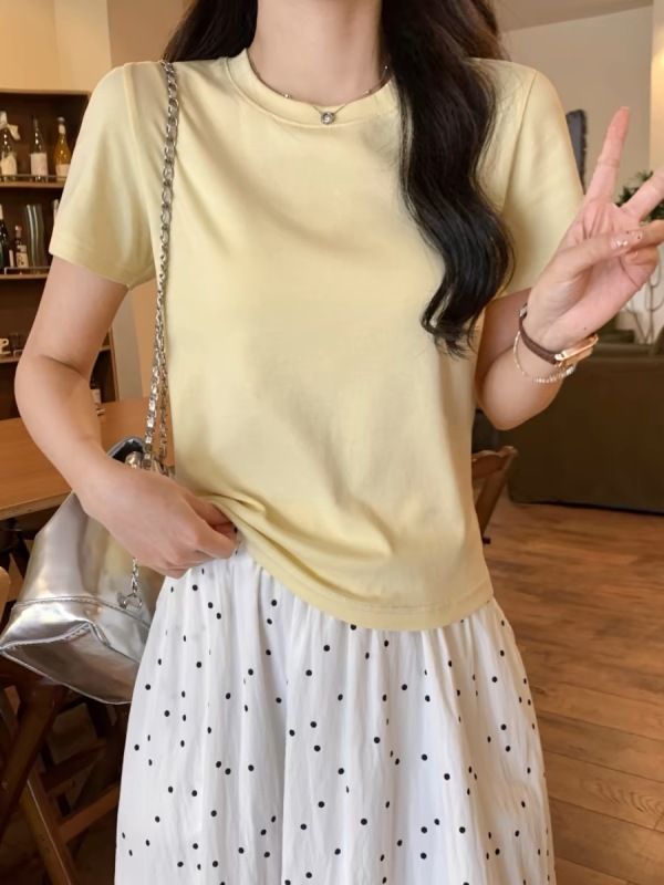 Yellow short-sleeved T-shirt for women's new hot summer solid color front shoulder slim small short top