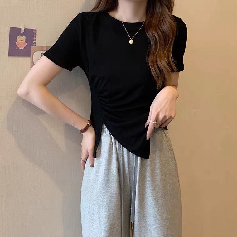 Slit pleated design T-shirt women's summer Korean new irregular slim short-sleeved top