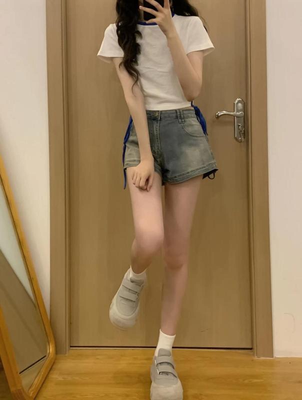 American retro denim shorts for women in summer new washing and old high waist slim small hot girl a-line hot pants