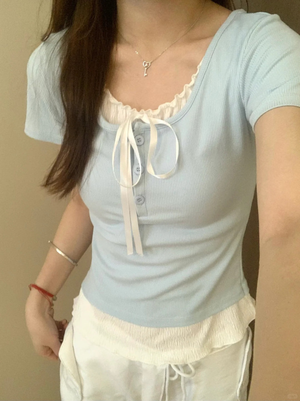 Blue short-sleeved shoulder T-shirt for women with bows in summer new slim fit slim waist-hugging short beautiful top