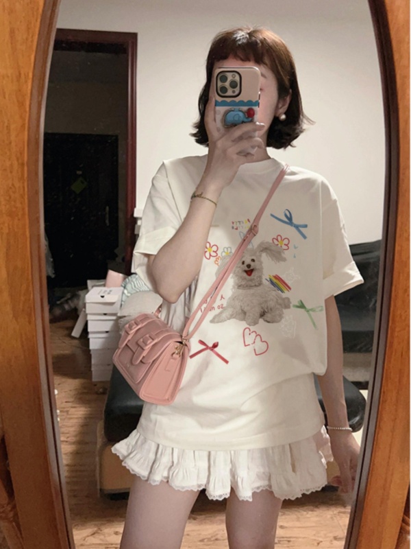 Bow doodle print white short-sleeved T-shirt for women in summer new loose versatile pullover top