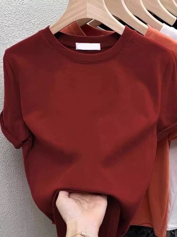 Solid color front shoulder slimming short-sleeved T-shirt for women's base shirt for summer new style this year's popular versatile and beautiful tops