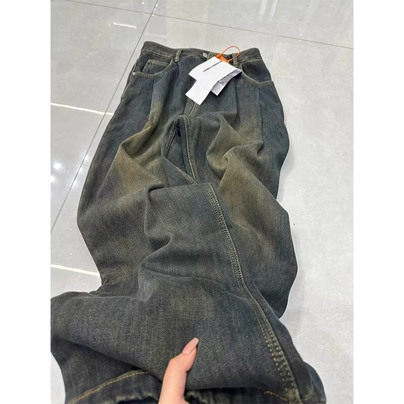 Smoke grey jeans women's straight loose wide-leg pants ins trendy American high street floor trousers