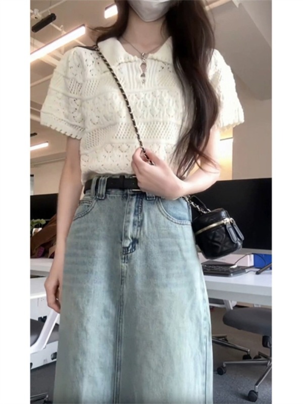 Hollow polo neck short-sleeved sweater for women in summer T-shirt with new style small shirt tea style waist top